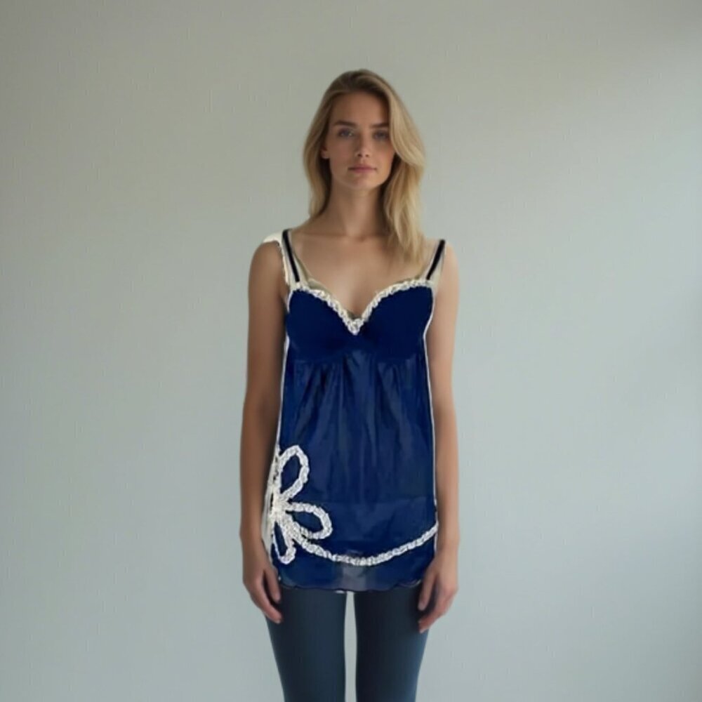 VINTAGE La Vie En Rose Navy Blue Silk Lace Babydoll Slip Cami Top S